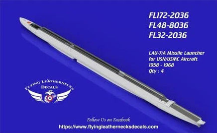 1/72 Flying Leathernecks LAU-7/A missile launcher set showing four 3D printed launchers for 1958-1968 F-4 Phantom and F-8 Crusader aircraft with AIM-9B Sidewinder compatibility
