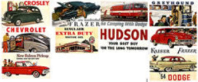 Collection of vintage car advertisements with different makes and models.