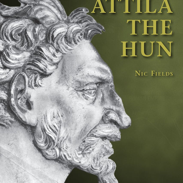 Book cover of 'Attila the Hun' with a black and white illustration of a man's head on a green background.