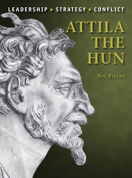 Book cover of 'Attila the Hun' with a black and white illustration of a man's head on a green background.
