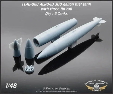Two 1/48 scale AERO-1D 300-gallon fuel tanks with three-fin tails, resin aftermarket parts by Flying Leathernecks, item 48-8118
