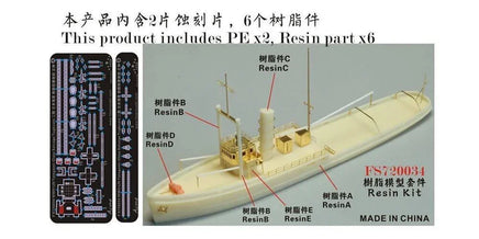 Model ship kit with labeled parts and resin components on a gray background