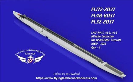 1/72 Flying Leathernecks LAU-7/A-1 thru A-3 missile launcher set showing four 3D printed Vietnam War-era launchers with fin retaining clips for A-4, A-6, F-4, F-8, OV-10 aircraft

