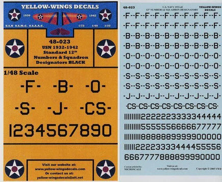 Yellow-Wings Decals packaging with model numbers, squadron designators, and scale information.