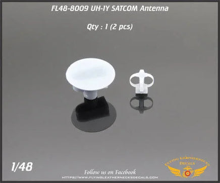 SatCOM antenna model on a gray background with branding and product details.