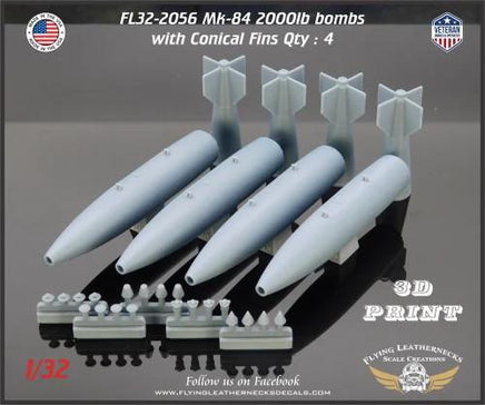 Four 1/32 scale Flying Leathernecks Mk-84 2000lb bombs with conical fins, USAF nose plugs, MXU-735 plugs, TDD devices, and M904 fuses on white background
