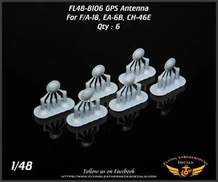 Flying Leathernecks 48-8106 GPS antenna detail set with six 3D printed antennas on support structure for 1/48 scale F/A-18 Hornet EA-6B Prowler CH-46E aircraft models
