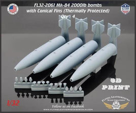 Four 1/32 scale Flying Leathernecks Mk-84 2000lb thermally protected bombs with conical fins, nose plugs, TDD devices, and M904 fuses on white background
