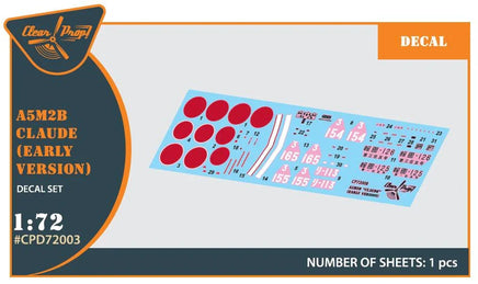 Clear Prop D72003 waterslide decal sheet for 1/72 scale Mitsubishi A5M2B Claude early version aircraft model, showing Imperial Japanese Navy markings, tail codes and insignia

