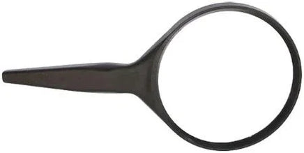 Black handheld magnifying glass on a white background