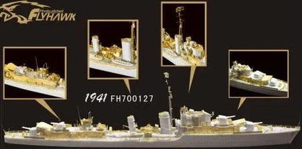 Model of a battleship with close-up details on a black background, featuring the Flyhawk brand.