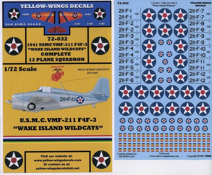 Yellow-Wings Decals packaging for U.S.M.C. VMF-211 F4F-3 'Wake Island Wildcats' with airplane and star decals.