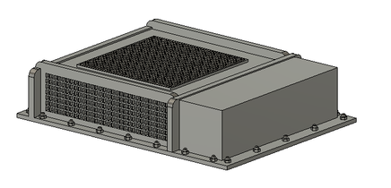 3D model of a metal heat exchanger on a white background