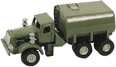 Model of a green military truck with a tank-like cargo container