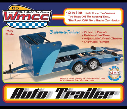 Model kit box for an auto trailer with features listed on a blue background