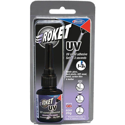Roket UV adhesive bottle with packaging on a white background