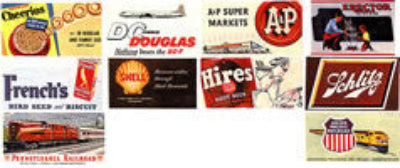 Collection of vintage product logos and advertisements.