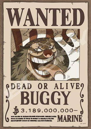 Wanted poster for a character named Buggy with a large reward amount.