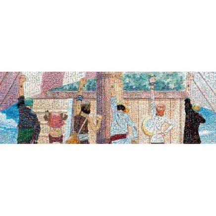 Mosaic artwork of people by a window with a boat outside