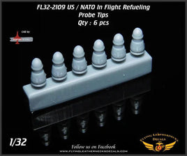 1/32 scale Flying Leathernecks resin detail set package containing six in-flight refueling probe tips for US and NATO aircraft with hose and drogue systems
