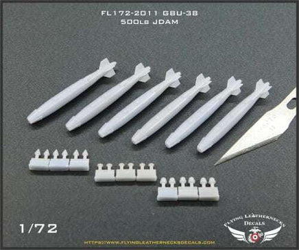 1/72 Flying Leathernecks GBU-38 500lb JDAM ordnance set showing six precision-molded Mk-82 bombs with KMU-572 guidance kits, nose strakes, tail assemblies, DSU-33 fuzes, and nose plug options
