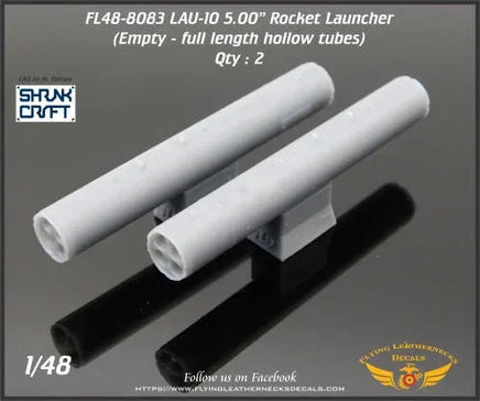 Flying Leathernecks 48-8083 LAU-10 five inch rocket launcher set with two empty launchers featuring full length hollow tubes for 1/48 scale military aircraft models
