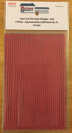 Red fish scale shingles on a cardboard backing with 'Modern Models' branding.