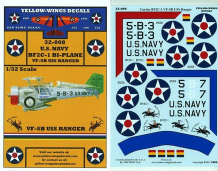 Yellow-Wings Decals for Curtiss BF2C-1 LVF-8B US Navy aircraft on a blue and yellow background.