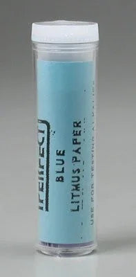 Tube of blue litmus paper with white cap on a gray background