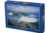 Jigsaw puzzle box featuring Niagara Falls, Canada on a blue background