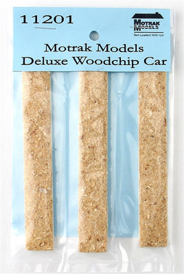 Motrak Models Deluxe Woodchip Car packaging with three wooden chips on a white background