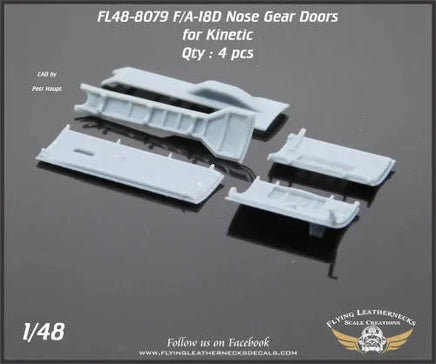 Flying Leathernecks 48-8079 F/A-18D nose gear door set with four pieces including aft strut door with antenna detail for 1/48 scale Kinetic Hornet model kit
