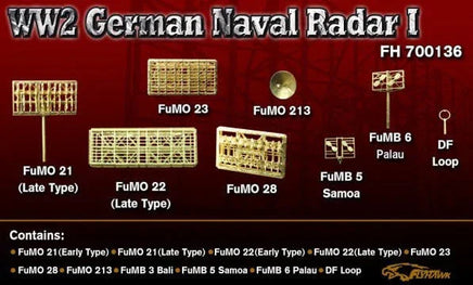 Model kit packaging for WWII German naval radar with various components on a red background.