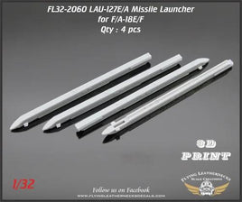 Four gray resin LAU-127B/A missile launcher rails for 1/32 scale aircraft, advanced variant designed to carry AIM-9M/X Sidewinder and AIM-120 AMRAAM missiles on white background
