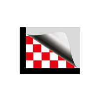 Checkered flag decal with red and white pattern on a white background