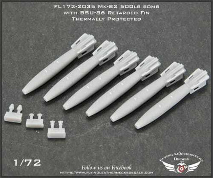 Flying Leathernecks 1/72 scale Mk-82 500lb bomb set with BSU-86 retarded fins and thermal coating, product packaging showing six detailed resin bombs with fuzes, item 172-2035
