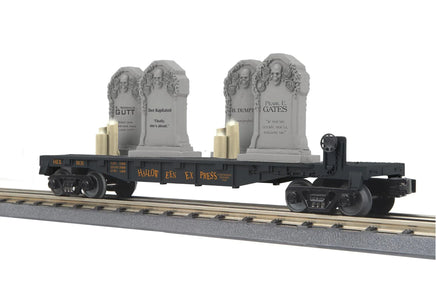 O MTH Halloween Flat Car w/Headstones & Flickering Lighted Candles (Black) 30-76927