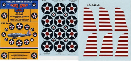 Collection of model airplane decals with star and stripe patterns on a blue background.
