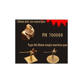 Model of a 120mm Anti-air rocket gun and Type 96 25mm single machine gun on a black background with red banner.