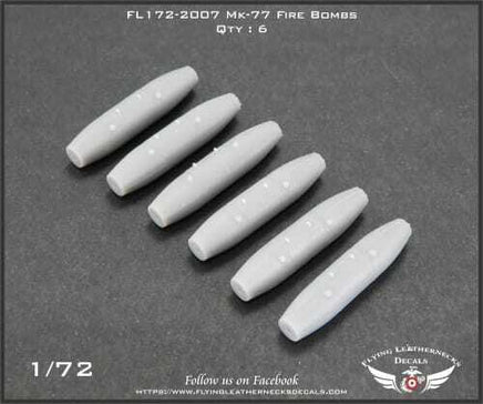 Flying Leathernecks 1/72 scale Mk-77 fire bomb set, product packaging showing six detailed resin incendiary bombs for Vietnam War aircraft models, item 172-2007
