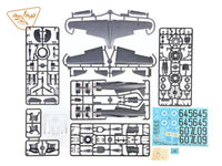 Clear Prop 1/48 H-75O Hawk kit 4803 plastic sprues showing finely molded aircraft parts including fuselage, wings, cockpit details, landing gear, and clear canopy pieces
