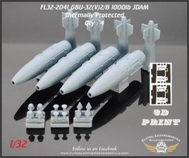 Four gray resin thermally protected GBU-32(V)2/B JDAM 1000lb bombs for 1/32 scale aircraft with KMU-559 guidance kits, separate tails, nose plugs, and vinyl masks on white background
