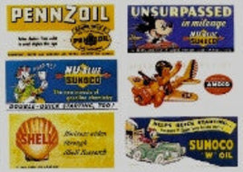 Collection of vintage oil company logos including Pennzoil, Unsurpassed, Sunoco, and Shell.