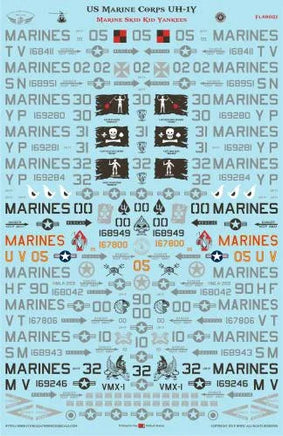 US Marine Corps UH-1Y decal sheet with various insignias and codes on a light blue background.