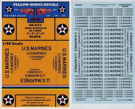 U.S. Marines decal sheet with text and logos on a blue and orange background