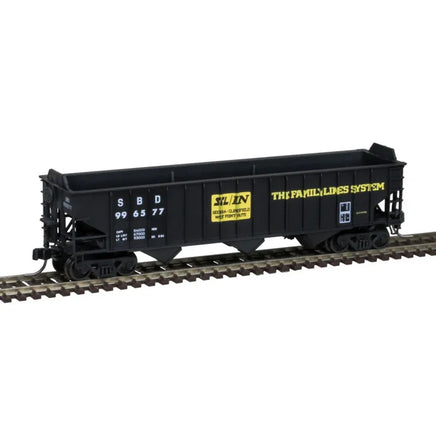 Three N Scale Atlas Master PS-2750 covered hopper cars in Seaboard System dark blue livery with white lettering, featuring die-cast construction, detailed side panels, and authentic road numbers 996570, 996577, and 996580
