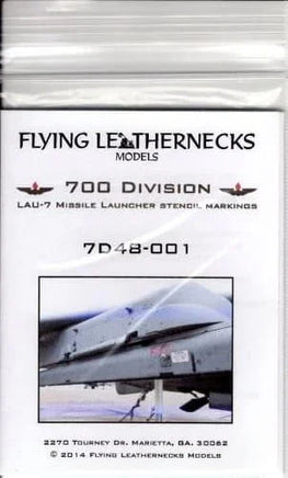 Close-up detail of LAU-7 missile launcher stencil data markings including maintenance instructions, safety warnings, and technical data printed by Microscale for 1/72 scale aircraft models
