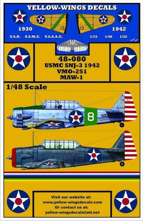 Yellow-Wings Decals for USMC SNJ-3 aircraft with scale information and website contact details.