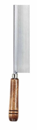 Wooden-handled knife with a metal blade on a white background