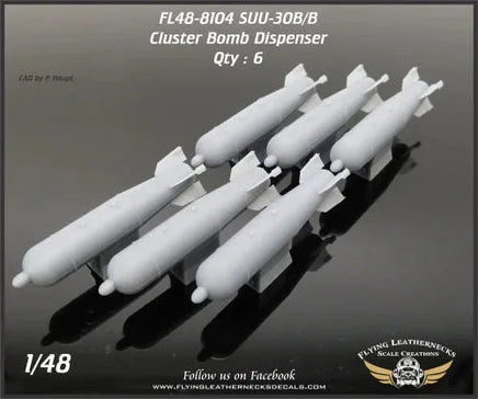 1/48 scale Flying Leathernecks SUU-30B/B cluster bomb dispenser aftermarket resin weapons set showing six detailed tactical munition dispensers for Vietnam-era military aircraft models
